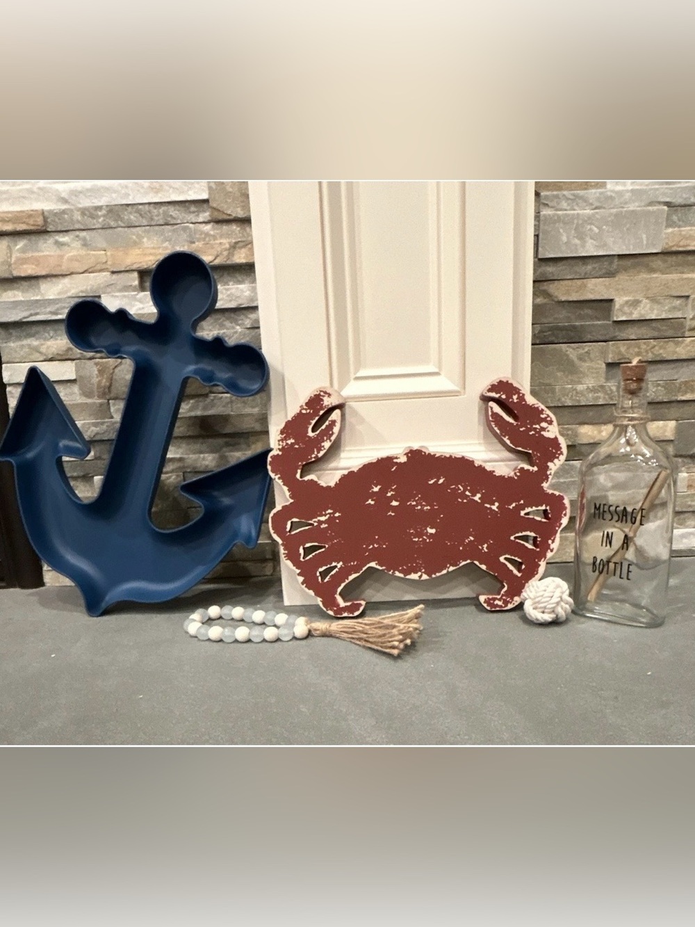 Nautical Set-Blue Anchor Platter,Wooden Crab,Glass Message in a Bottle & More!